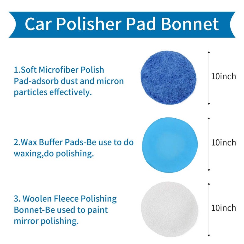 URLWALL 10PCS 9-10 inch Polisher Pad Bonnet Orbital Car Buffing Polishing Pad Cover - 5PCS Microfiber, 3PCS Wax Buffer, 2PCS Woolen Fleece Polishing Bonnet - Image 3
